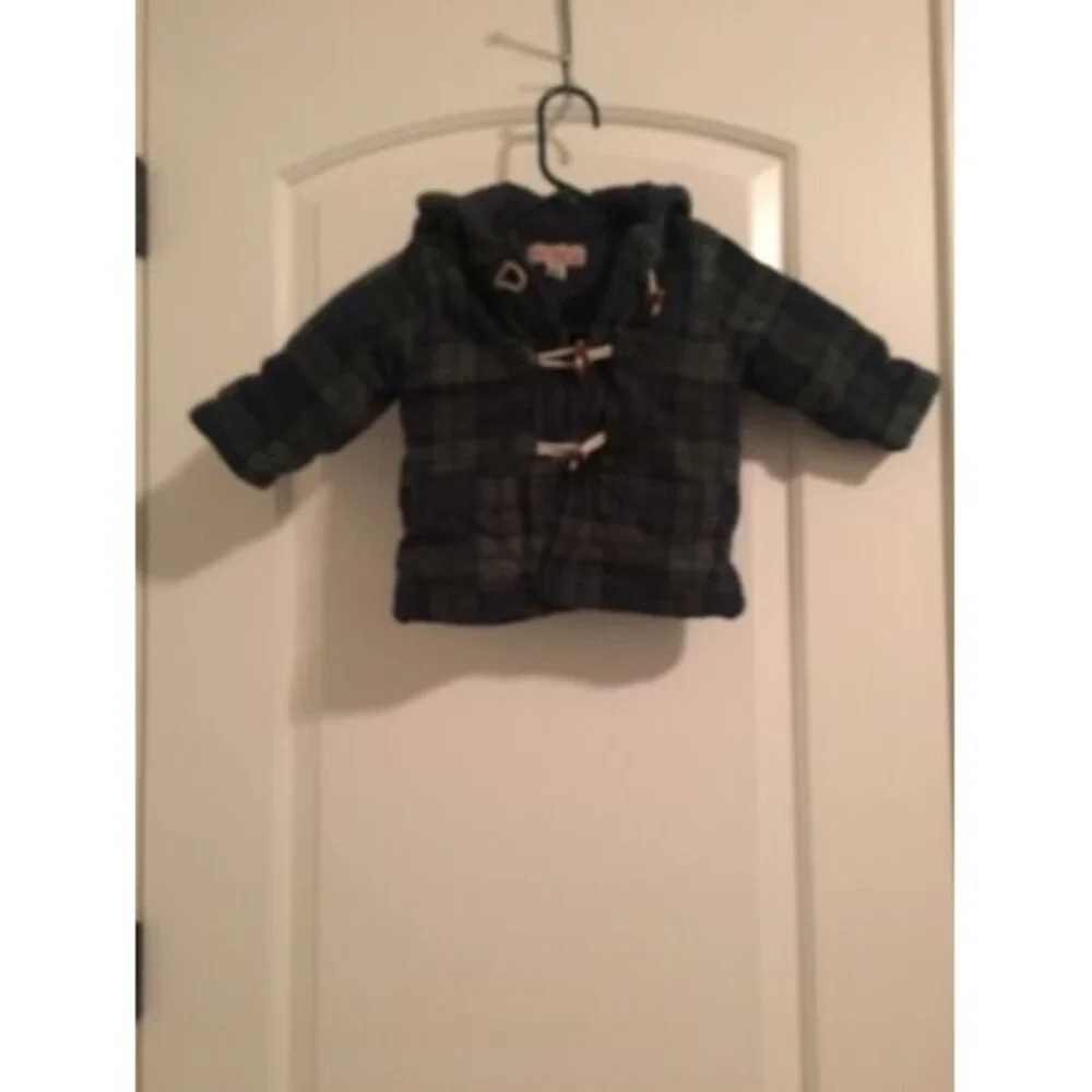 Kids Headquarters Baby Boys Blue Green Plaid Coat Toggle Button Size 12 Months